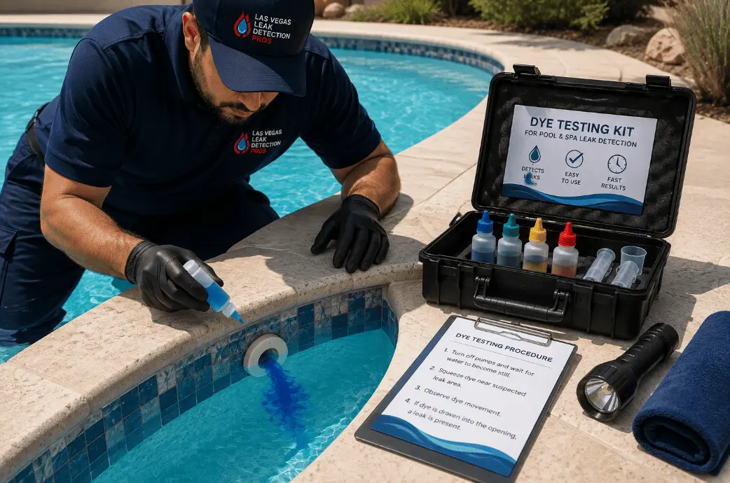 Dye testing kit used to detect a pool shell fitting leak in Las Vegas