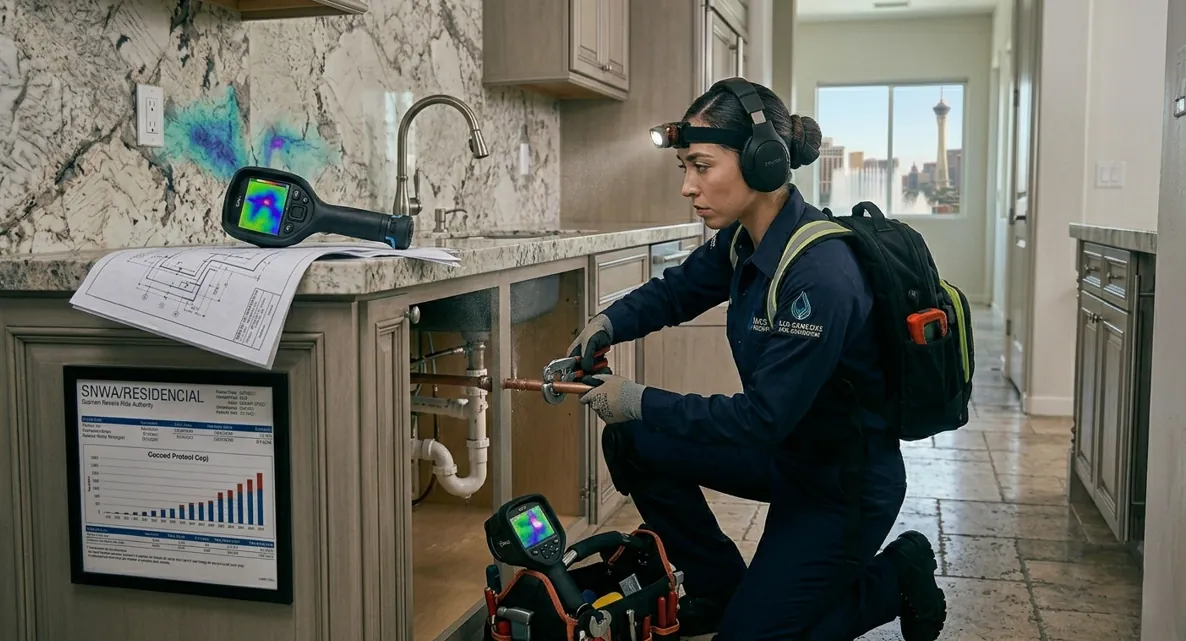 Pipe leak detection technician tracing a leak inside a Las Vegas home